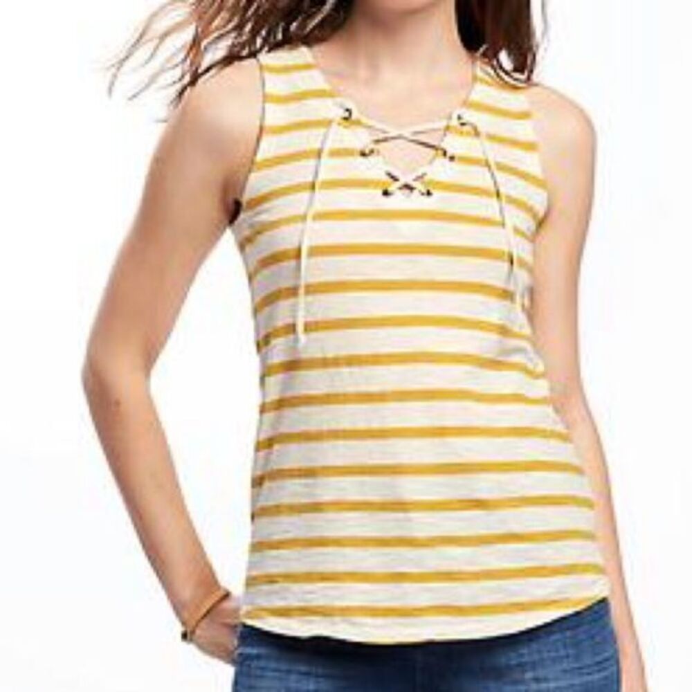 OLD NAVY Women’s Relaxed Lace Up 100%‎ Cotton Tank Top Yellow Stripe XL